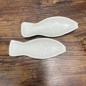 Two Vintage Unbranded Stoneware White Small Fish Spoon Rests 5.5 Inches